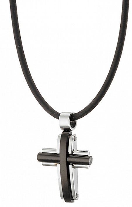 Κολιέ σταυρός ατσάλι ανδρικός σε ασημί με μαύρο με καουτσούκ