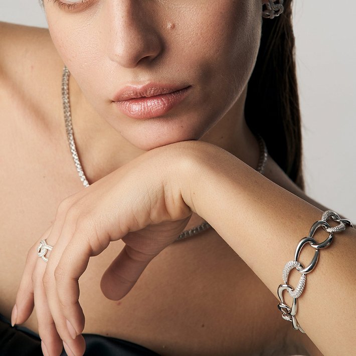 Oxzen βραχιόλι ασημένιο αλυσίδα σπαστή με πέτρες ζιργκόν