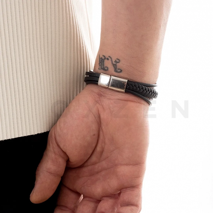 Βραχιόλι ατσάλινο με μαύρο δέρμα και άγκυρα