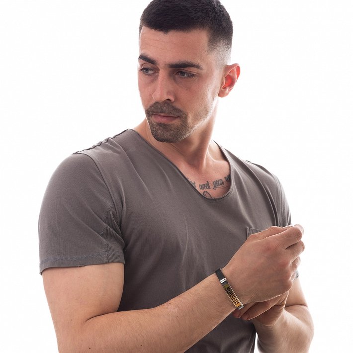 Βραχιόλι ατσάλινο με δέρμα PU χρυσό με μαίανδρο