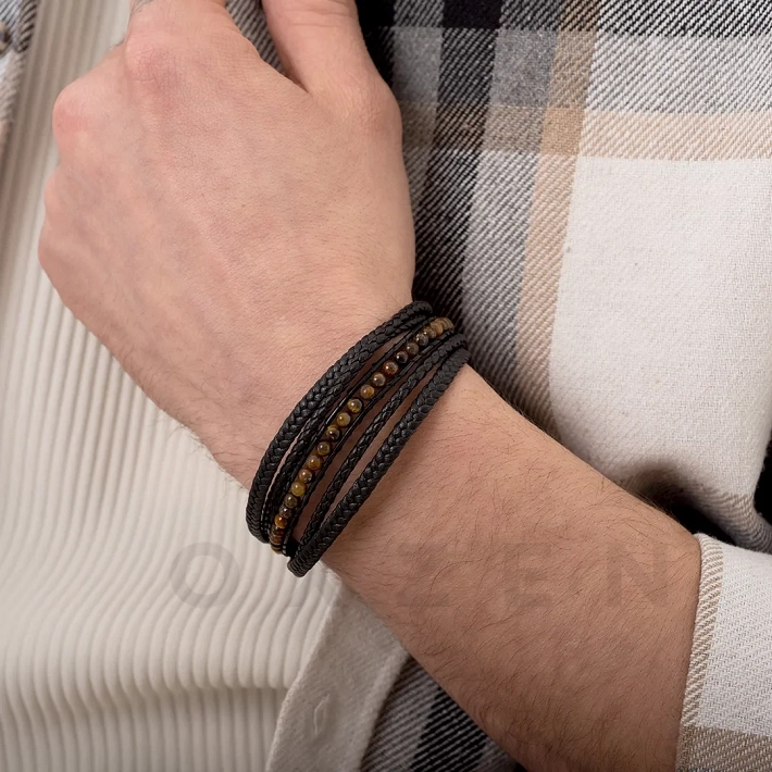 Βραχιόλι ατσάλινο με μαύρο δέρμα πενταπλό και πέτρες μάτι τίγρης