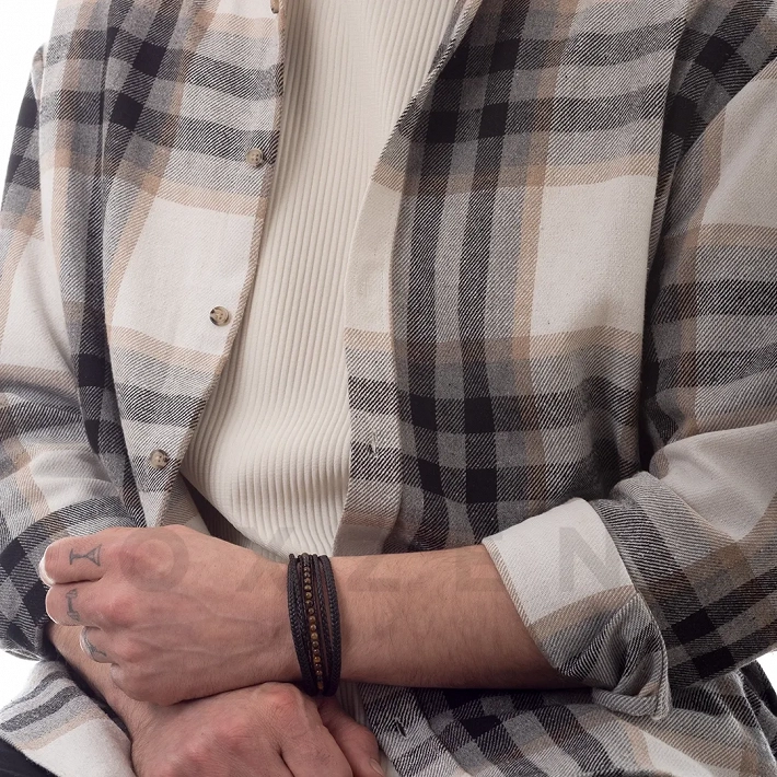 Βραχιόλι ατσάλινο με μαύρο δέρμα πενταπλό και πέτρες μάτι τίγρης