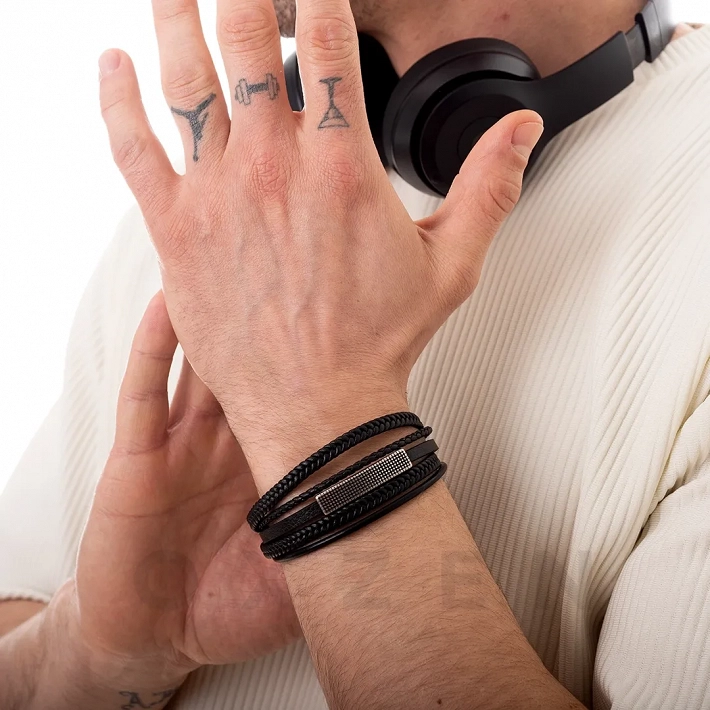 Βραχιόλι ανδρικό ατσάλι με δέρμα πενταπλό