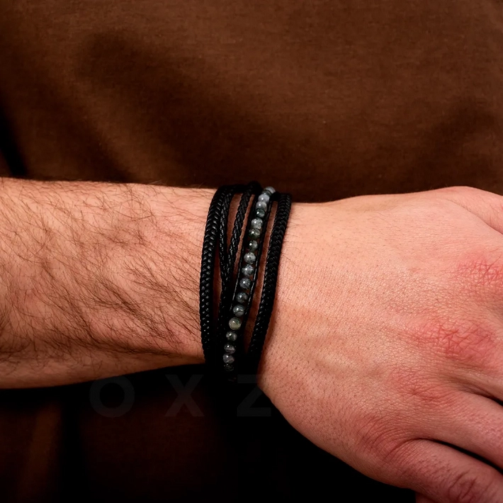 Βραχιόλι ανδρικό ατσάλι με δέρμα πενταπλό και ορυκτές πέτρες