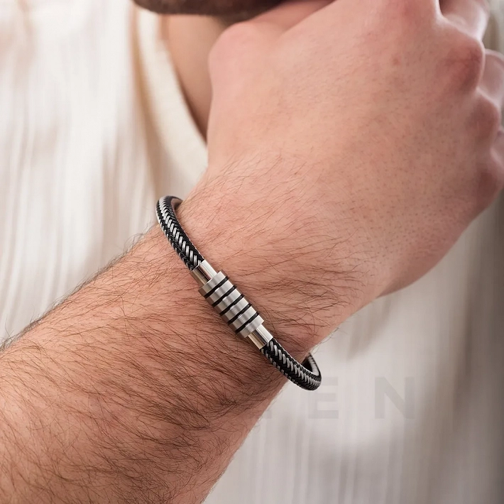 Βραχιόλι ατσάλινο με δέρμα και ατσαλόσυρμα