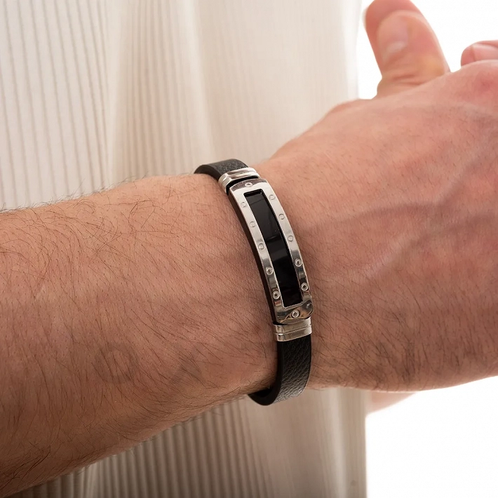 Βραχιόλι ατσάλινο με δέρμα PU ταυτότητα μαύρη