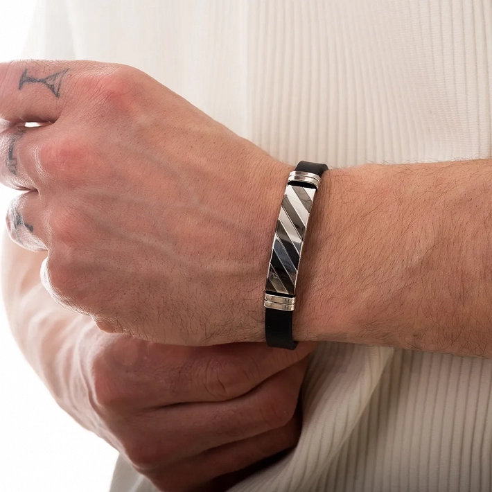 Βραχιόλι ατσάλινο με δέρμα PU ταυτότητα ασημί με μαύρο