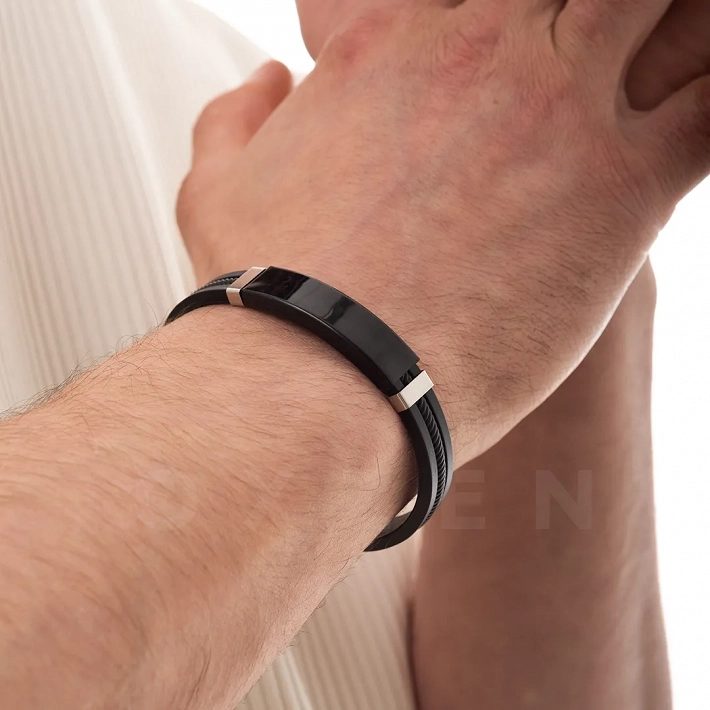 Βραχιόλι ατσάλινο με δέρμα PU ταυτότητα μαύρη