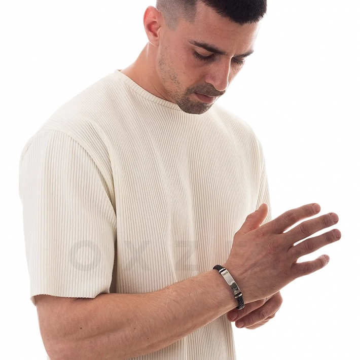 Βραχιόλι ατσάλινο με δέρμα PU ταυτότητα