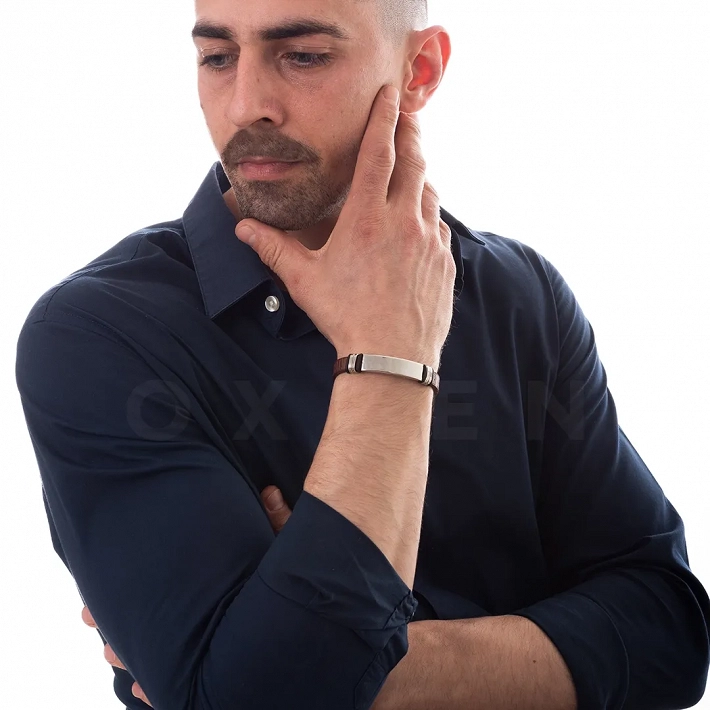 Βραχιόλι ατσάλινο με δέρμα PU ταυτότητα με καφέ δέρμα