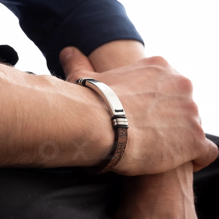 Βραχιόλι ατσάλινο με δέρμα PU ταυτότητα με καφέ δέρμα