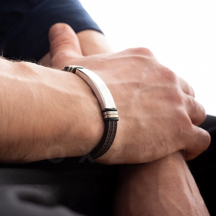 Βραχιόλι ατσάλινο με δέρμα PU ταυτότητα με καφέ δέρμα