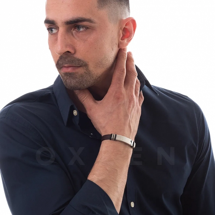 Βραχιόλι ατσάλινο με δέρμα PU ταυτότητα με καφέ δέρμα