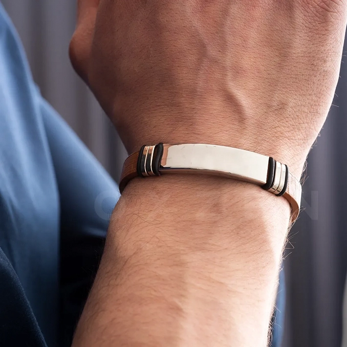 Βραχιόλι ατσάλινο με δέρμα PU ταυτότητα με καφέ δέρμα