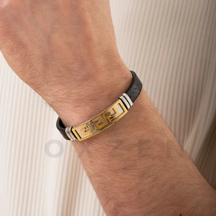 Βραχιόλι ατσάλινο με δέρμα PU ταυτότητα επιχρυσωμένη με μαίανδρο