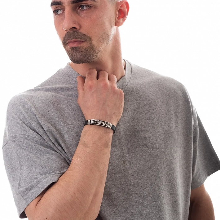 Βραχιόλι ατσάλινο με δέρμα PU ταυτότητα με μαίανδρο