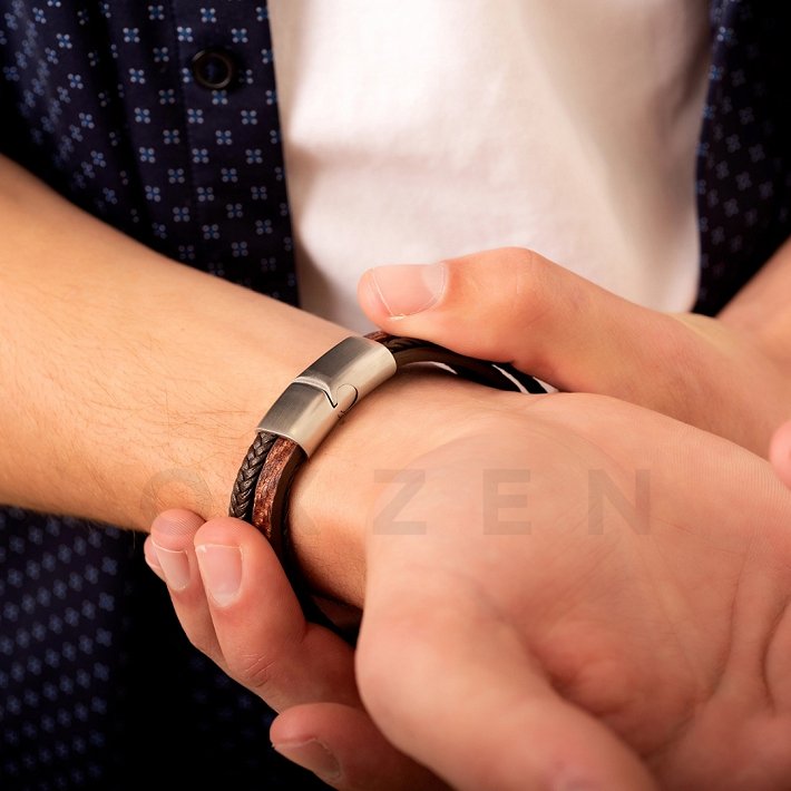 Βραχιόλι ανδρικό ατσάλινο με δέρμα τετραπλό καφέ