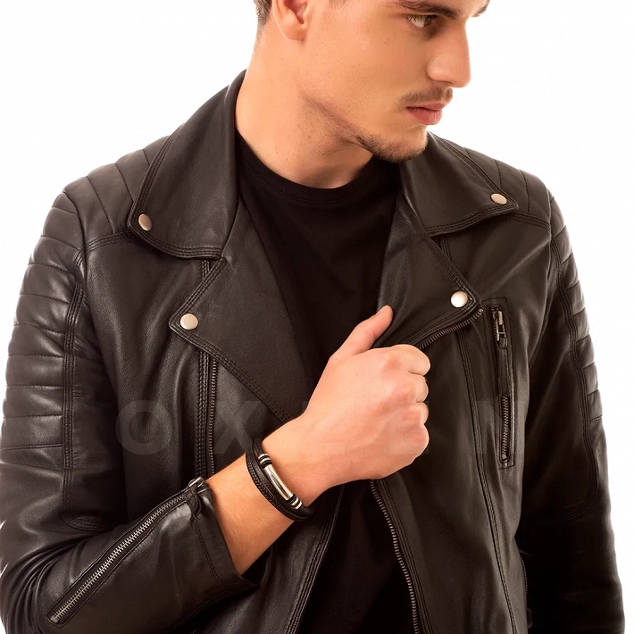 Βραχιόλι ανδρικό ατσάλινο με τριπλό δέρμα και κυλινδρική ταυτότητα