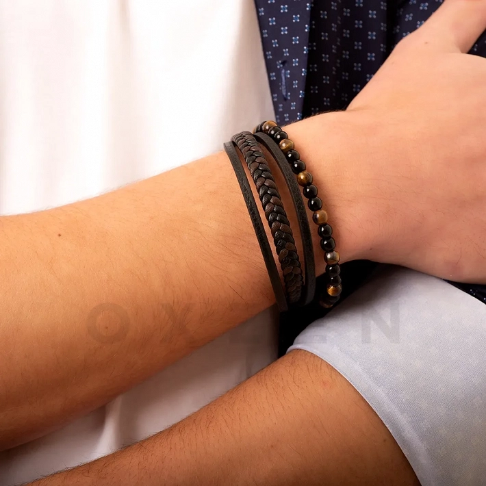 Βραχιόλι ανδρικό ατσάλινο με δέρμα τετραπλό και ορυκτές πέτρες