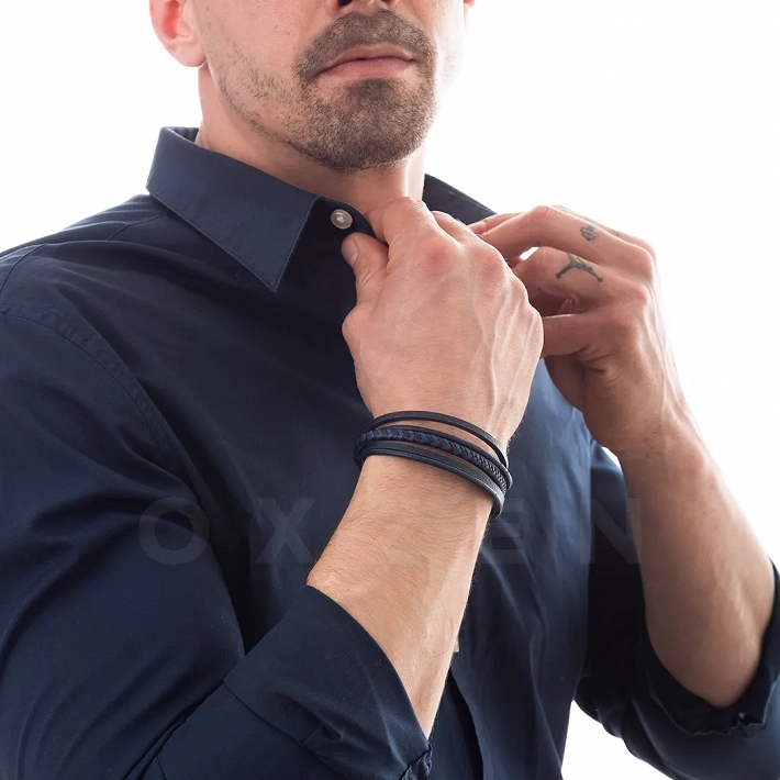 Βραχιόλι ανδρικό ατσάλινο με δέρμα πενταπλό μπλέ σκούρο