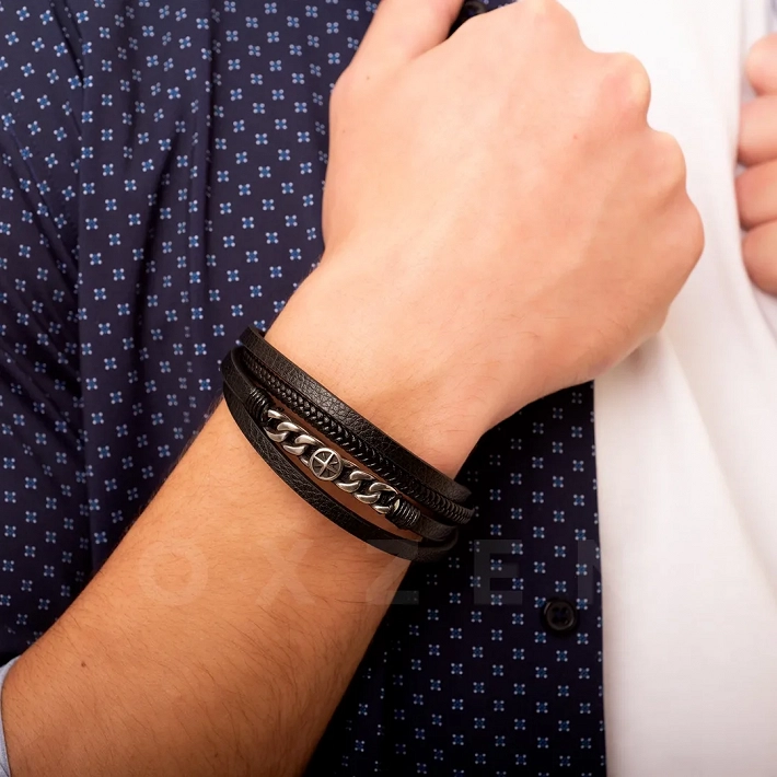 Βραχιόλι ανδρικό ατσάλινο με δέρμα τετραπλό