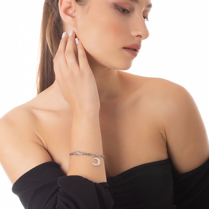 Βραχιόλι ατσάλινο διπλό με μισοφέγγαρο με κρύσταλλα cz