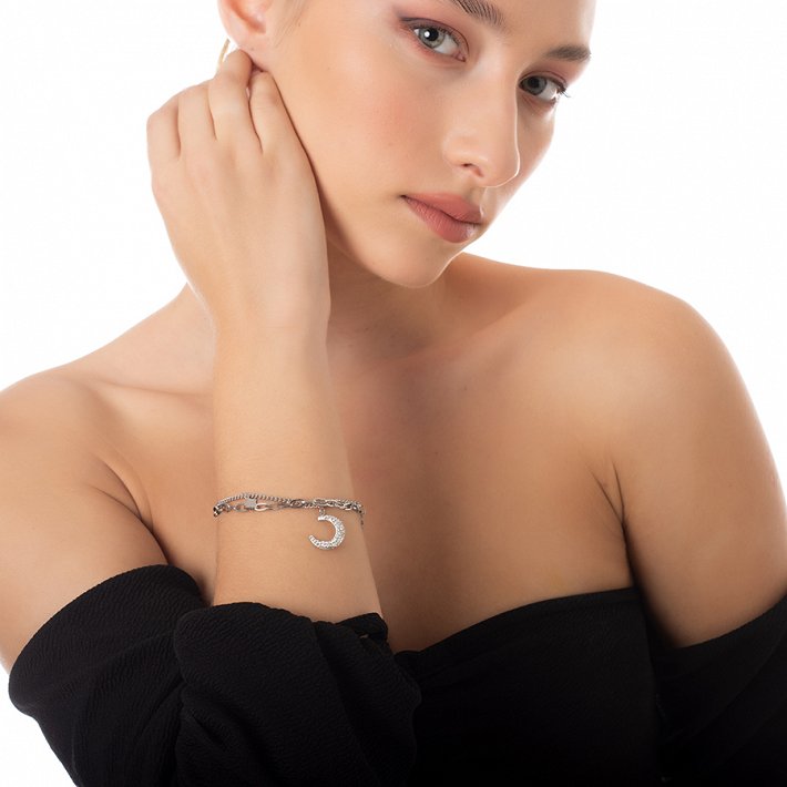 Βραχιόλι ατσάλινο διπλό με μισοφέγγαρο με κρύσταλλα cz