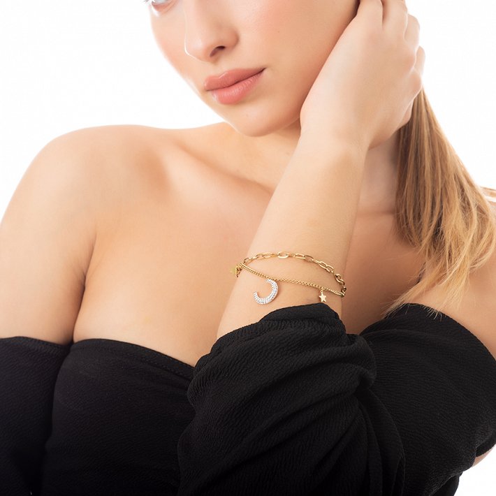 Βραχιόλι ατσάλινο διπλό με μισοφέγγαρο με κρύσταλλα cz