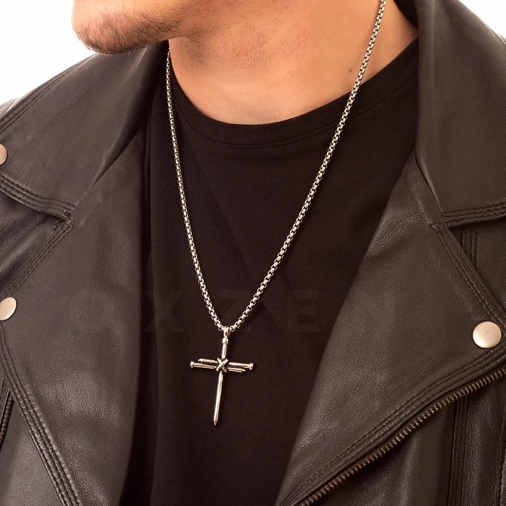 Σταυρός με αλυσίδα Unisex από ανοξείδωτο ατσάλι 316L ασημί μεγάλος
