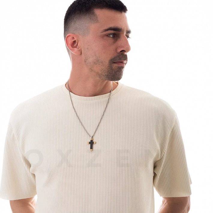 Σταυρός με αλυσίδα από ανοξείδωτο ατσάλι επιχρυσωμένος με ανθρακόνημα