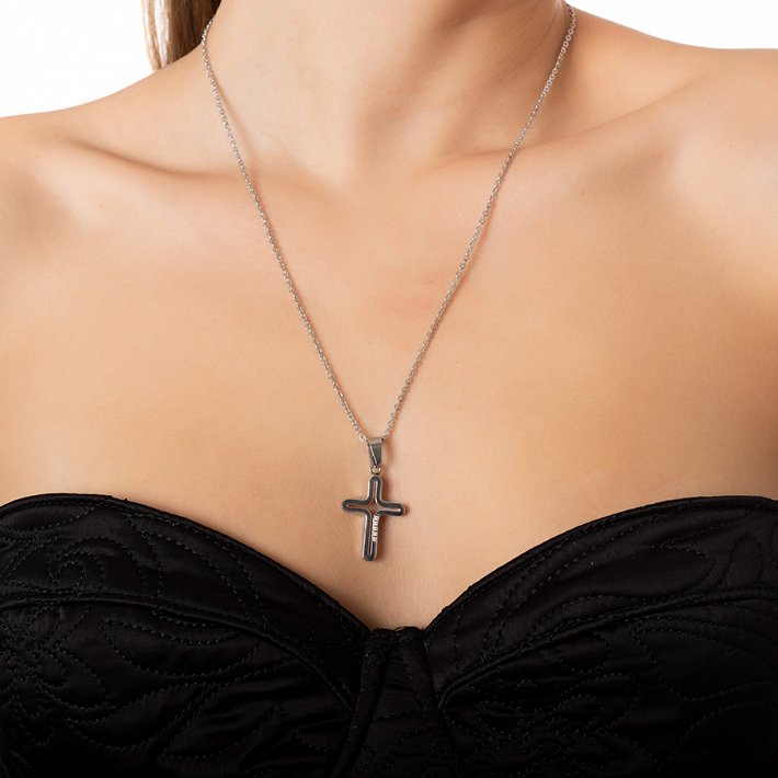 Κολιέ ατσάλινο σταυρός με πέτρες ζιργκόν