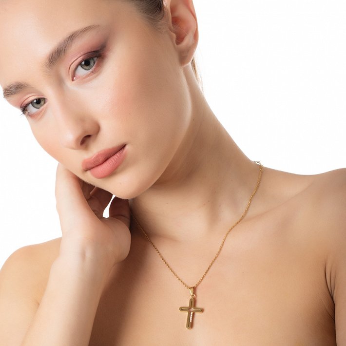 Κολιέ ατσάλινο σταυρός με πέτρες ζιργκόν