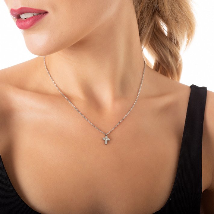 Κολιέ ατσάλινο σταυρός με πέτρα ζιργκόν