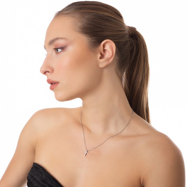 Κολιέ ατσάλινο σταυρός με πέτρα ζιργκόν