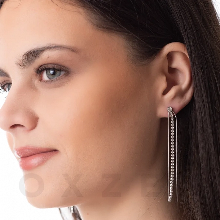 Σκουλαρίκια κρεμαστά από ανοξείδωτο ατσάλι τριπλά, με μια σειρά λευκά κρύσταλλα