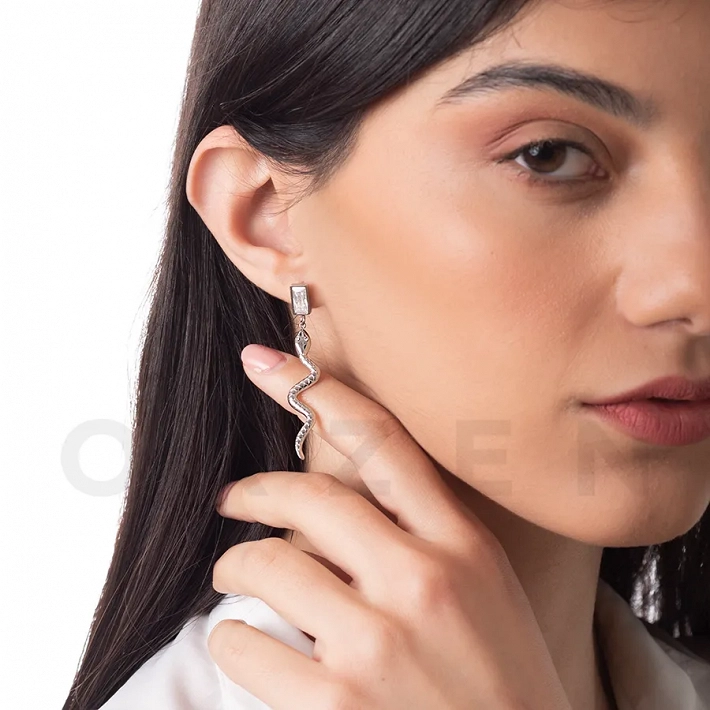 Σκουλαρίκια κρεμαστά από ανοξείδωτο ατσάλι, φίδι με τετράγωνο ζιργκόν