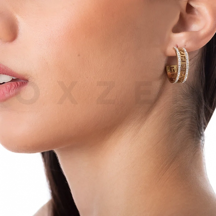 Σκουλαρίκια κρίκοι ατσάλινοι, με μαίανδρο και λευκά κρύσταλλα