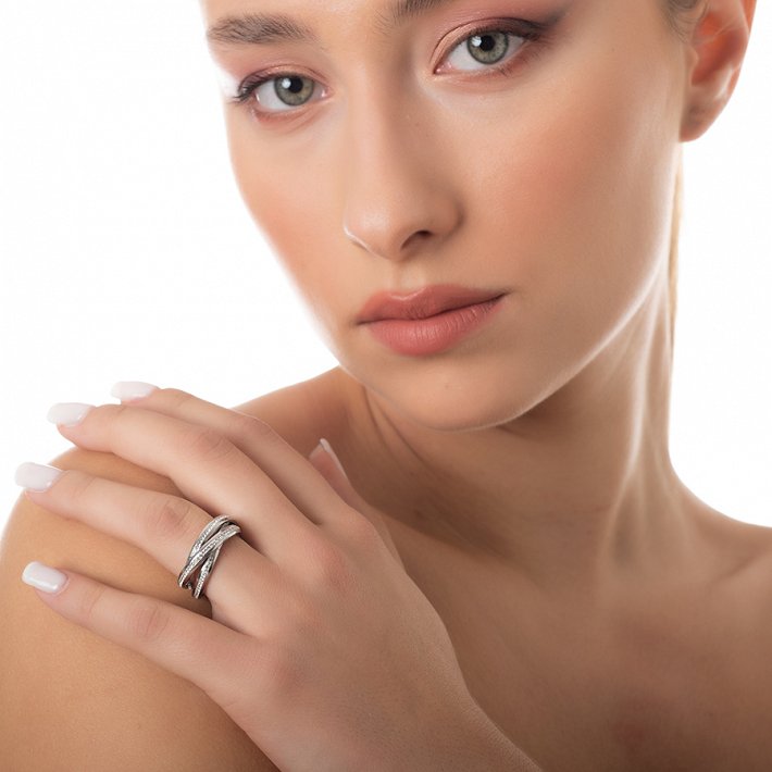 Δαχτυλίδι ατσάλινο τριπλές βέρες ολόσειρες με λευκές πέτρες