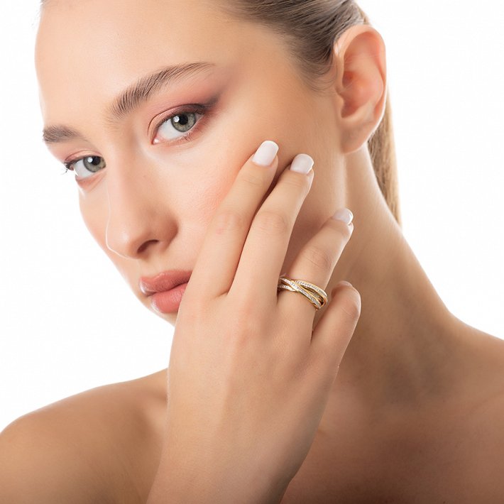 Δαχτυλίδι ατσάλινο τριπλές βέρες ολόσειρες με λευκές πέτρες