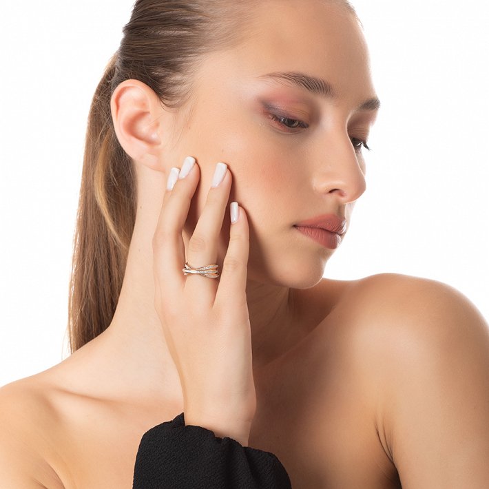 Δαχτυλίδι ατσάλινο τριπλές βέρες ολόσειρες με λευκές πέτρες