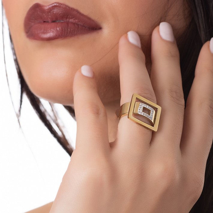 Δαχτυλίδι από ανοξείδωτο ατσάλι τετράγωνο με λευκά κρύσταλλα