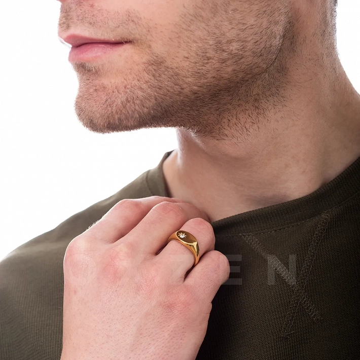 Δαχτυλίδι ανδρικό από ανοξείδωτο ατσάλι, επιχρυσωμένο με ένα λευκό ζιργκόν