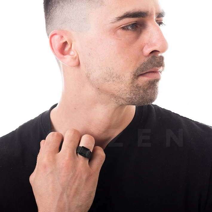 Δαχτυλίδι από ανοξείδωτο ατσάλι, ανδρικό με μαύρη πέτρα ζιργκόν