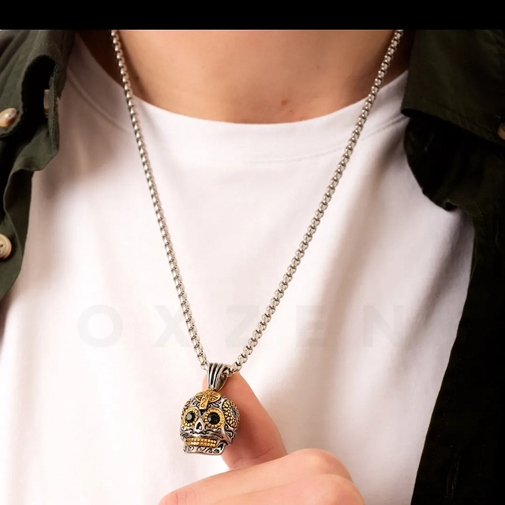 Κολιέ από ανοξείδωτο ατσάλι Unisex ασημόχρυση νεκροκεφαλή