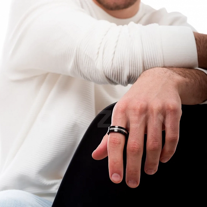 Δαχτυλίδι βέρα ανδρική από ανοξείδωτο ατσάλι, ασημί με μαύρο