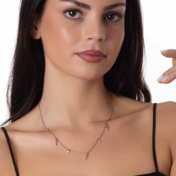 Κολιέ ατσάλινο με σταυρούς και πέτρες ζιργκόν