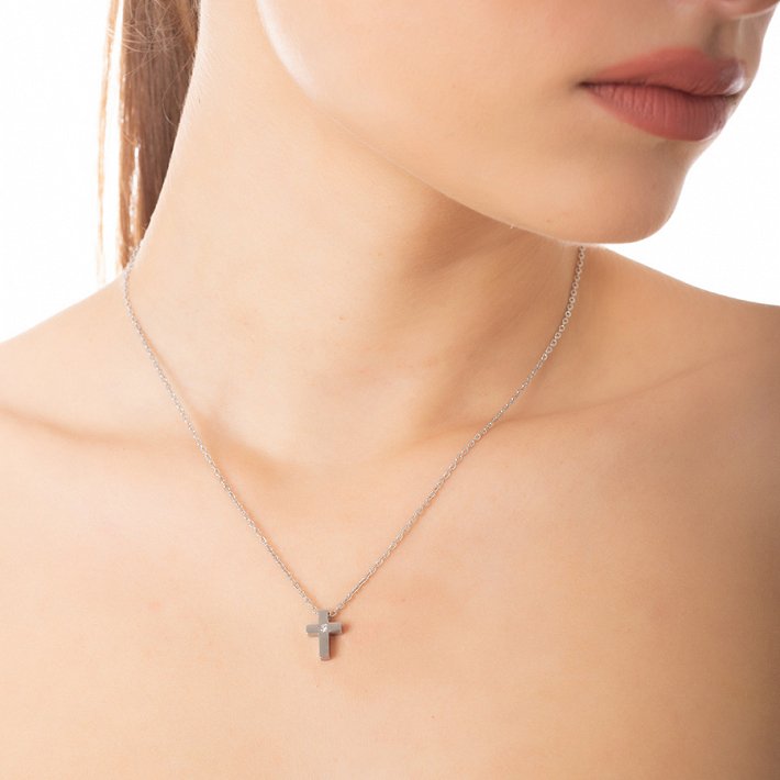 Κολιέ ατσάλινο σταυρός με πέτρα ζιργκόν