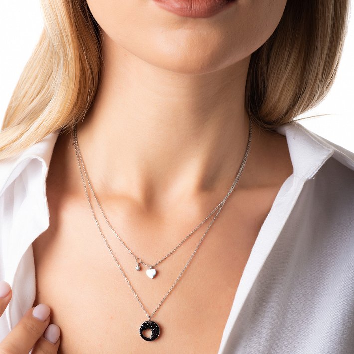 Κολιέ ατσάλινο διπλό καρδιά με κρύσταλλα CZ