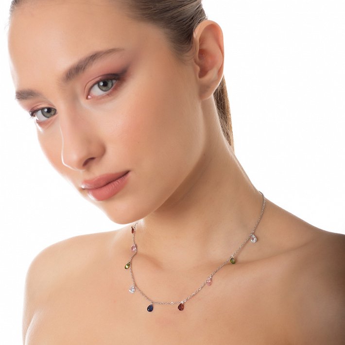 Κολιέ ατσάλι με πολύχρωμα κρύσταλλα CZ