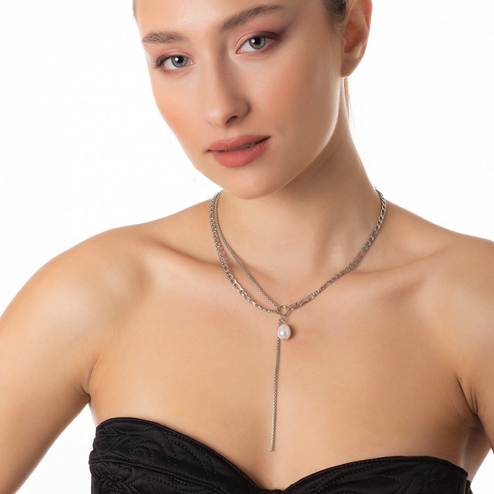 Κολιέ ατσάλινο με διπλή αλυσίδα και πέρλα